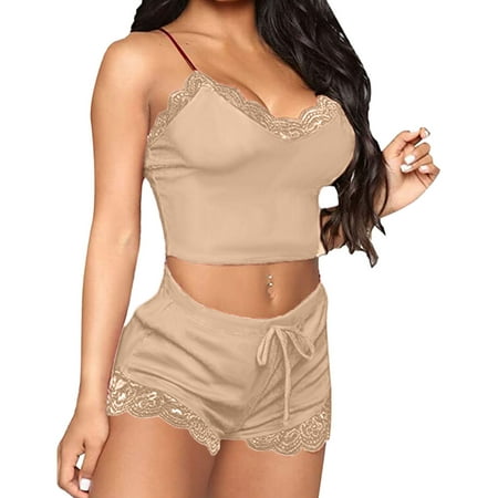 

WZHKSN Women Casual Comfortable V-Neck Lace Camisole Slim Top Sleeveless Pajama Shorts Home Sleepwear Set