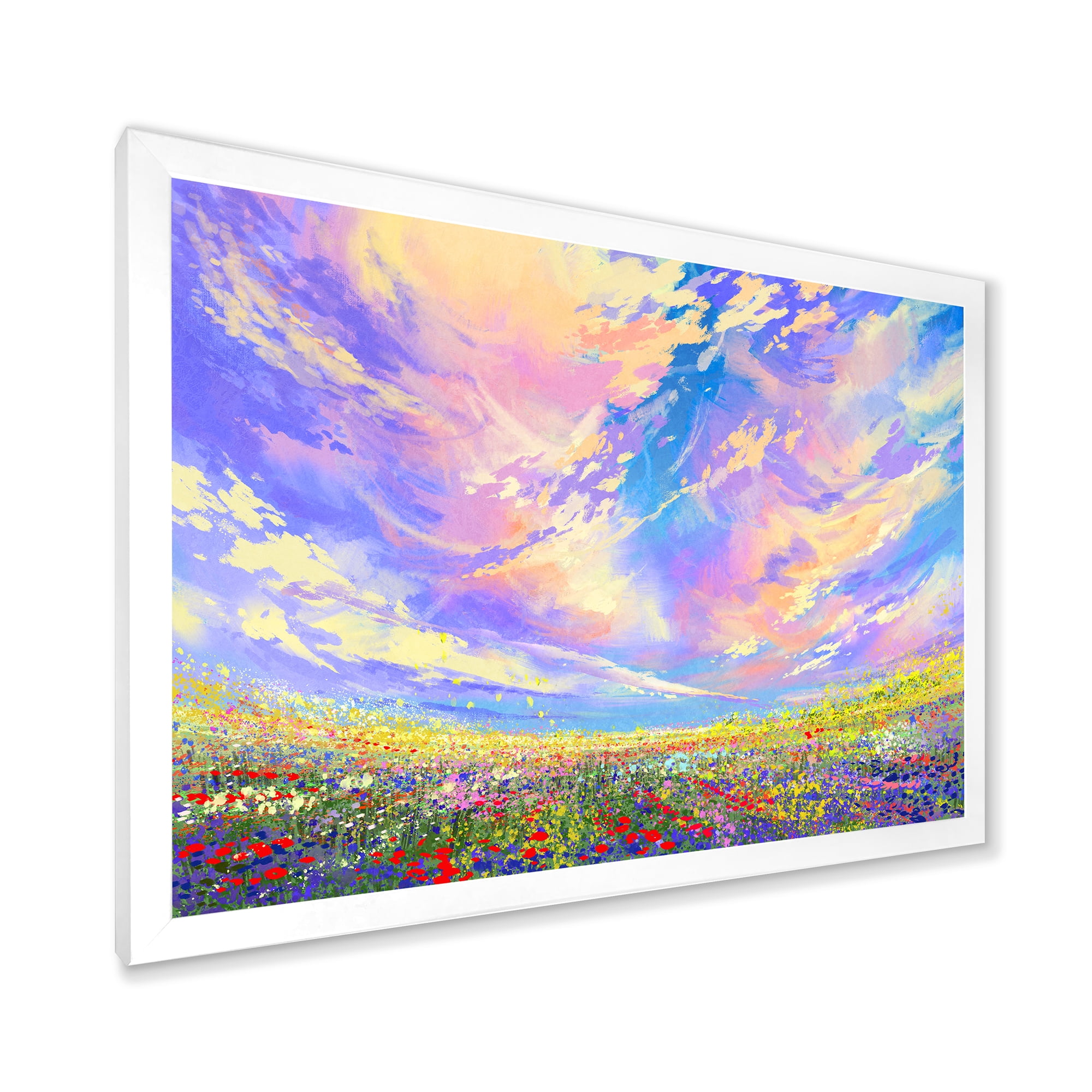 Designart 'Gorgeous Clouds Over Colorful Flowers In Field' Traditional Framed Art Print