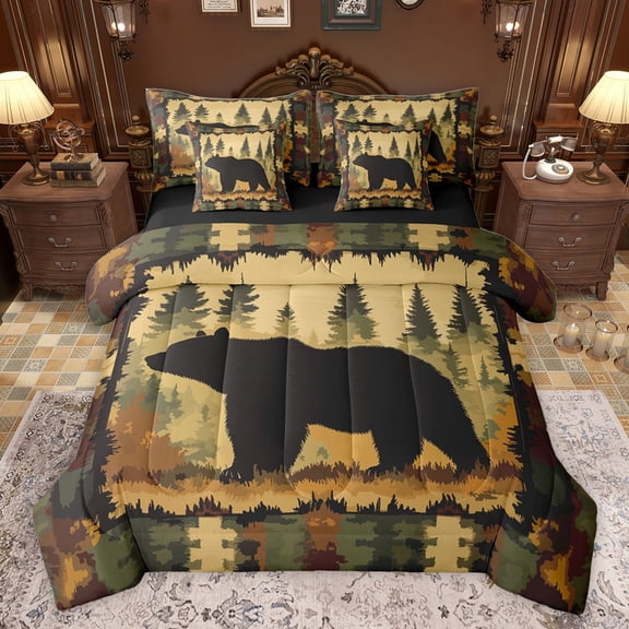Castle Fairy Animal Bear Twin Bedding Sets 7-Piece for Female Men Women,Vintage Cabin Aesthetic Bedding Comforter Set Microfiber,Woodland Wildlife Breathable Sheet Sets,Microfiber Bedroom Decor