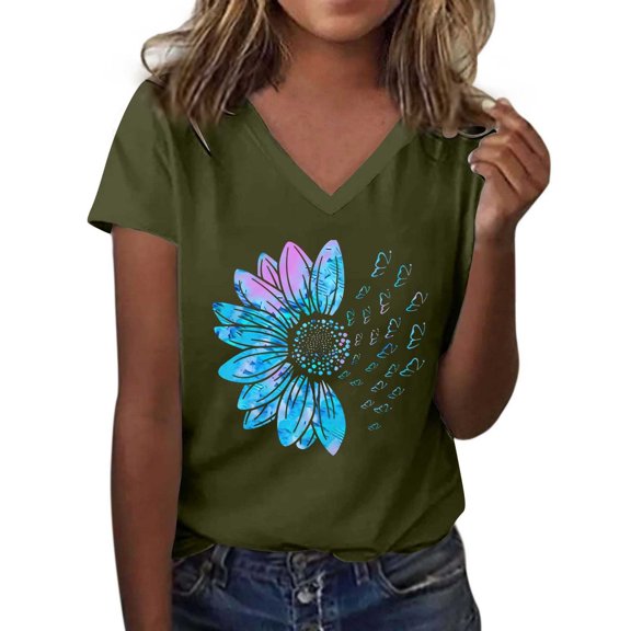 T Shirts For Women Womens Tops Graphic Shirts Sunflower Pattern Print Crew Neck Short Sleeve Tees Loose Tshirts Cute Casual Teacher Outfits