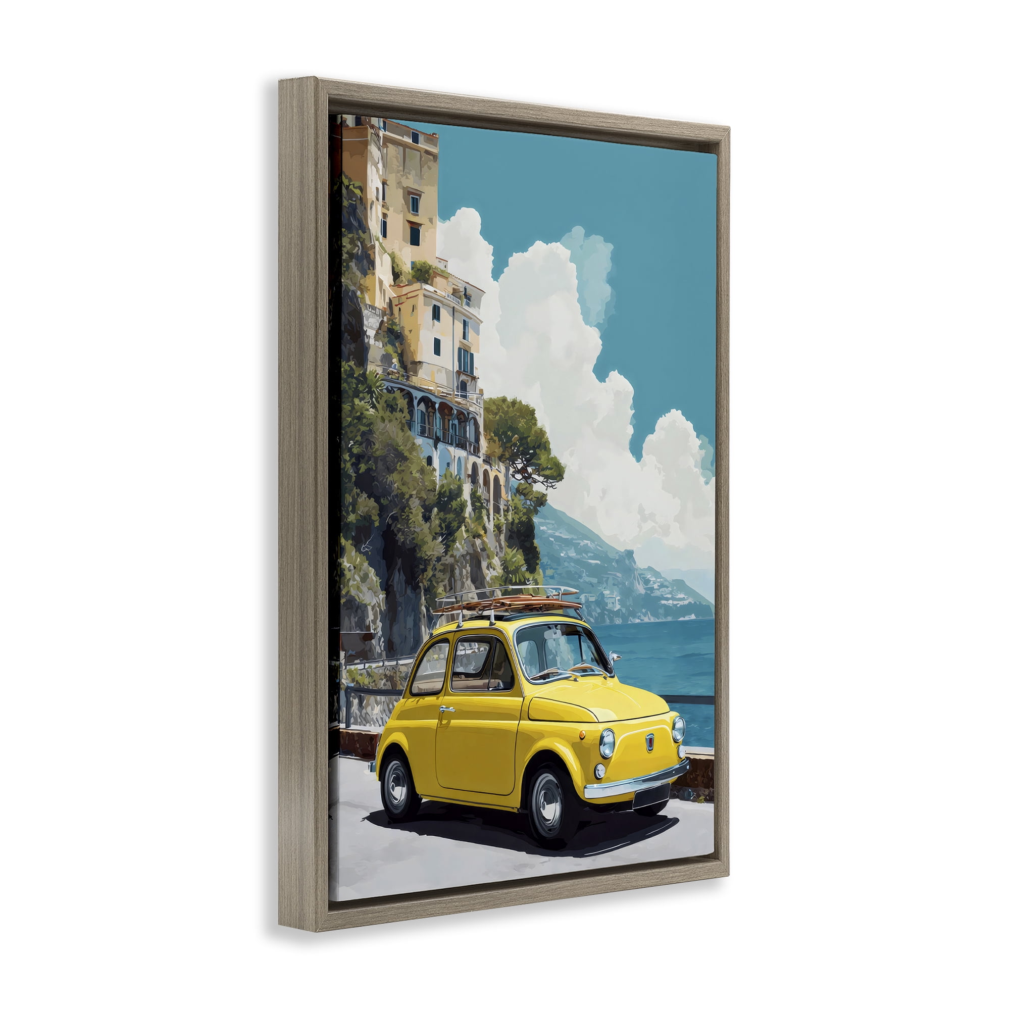 Stupell Industries Yellow Car on Coast Brown Framed Floater Canvas Wall Art, design by Petal Prints Design