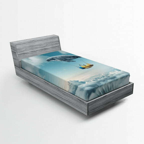 Whale Fitted Sheet, Dreamy View of Whale and Aeroplane Fantasy Landscape Cloudy Sky Image, Soft Decorative Fabric Bedding, Twin XL Size, Pale Blue Yellow White, by Ambesonne
