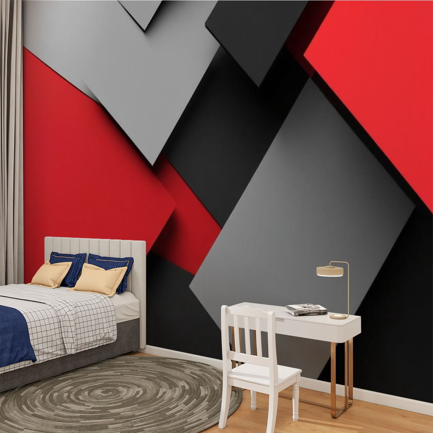 Peel and Stick Wallpaper Black Red 3D Geometry Red Cubes Gray Rectangles Layered Blocks Modern Art Wall Mural Decor Self Adhesive and Removable 100in x 144in