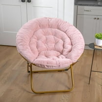 WYDK 38" Oversize Portable Faux Fur Folding Saucer Moon Chair for Dorm and Bedroom, Blush Faux Fur/Soft Gold Frame