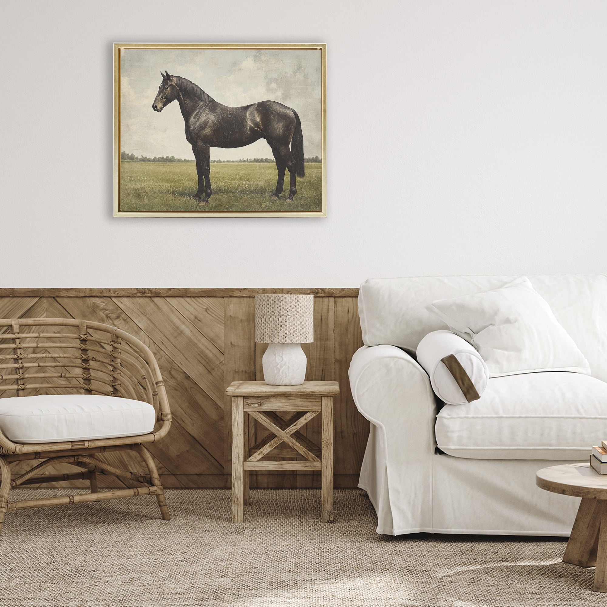 Stupell Industries Espresso Horse in Pastoral Field Gold Framed Floater Canvas Wall Art, design by Petal Prints Design