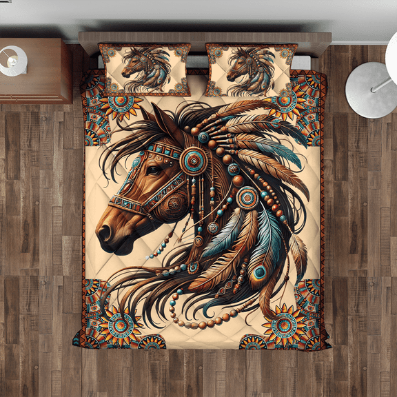 Lotusprinthandmade Native America Inspired Horse Quilt Bedding Set Fold Hem 80x90