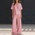 thumbnail image 3 of longantii Two Piece Outfits for Women Ruffle Design Sleeveless V-Neck Tees Trendy Flowy Wide Leg Drawstring Trousers Modern Fit Sweatsuits with Multi-Pocket Pink XL, 3 of 4