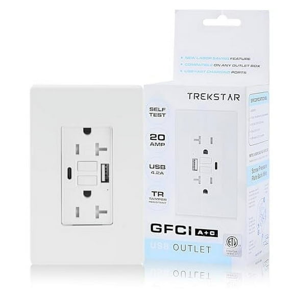 TrekStar GFCI USB Outlet 20 Amp Duplex Wall Receptacle with Built-in USB Type A & Type C Combo with 24W Charging Port for Smartphone, Self-Test, Tamper Resistant