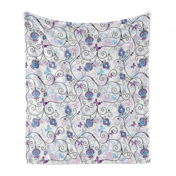 Botanical Soft Flannel Fleece Blanket, Spring Theme Flowers Pattern Colorful Butterflies Silhouette Repetition, Cozy Plush for Indoor and Outdoor Use, 70" x 90", Off White Multicolor, by Ambesonne