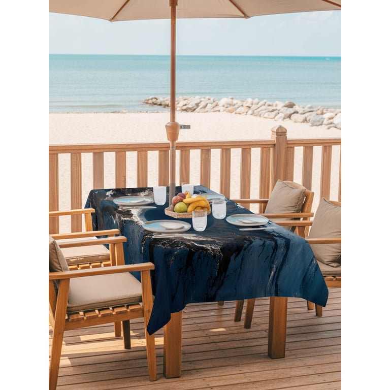 120 in patio table covers with umbrella hole Outdoor Tablecloth with Umbrella Hole for Patio/Picnic/Party/Camping,  Nature Crater Waterproof Table Cloth Rectangle Table Cover Washable, Black  White