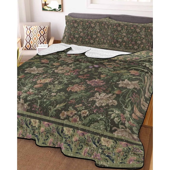 Sage Green Floral Twin Size Down Alternative Comforter, Lightweight Comforter Quilt Bedding Set with Pillow Shams Ethnic Tribe Abstract Art Flowers All Seasons Bed Comforter Duvet Insert 68"x86"