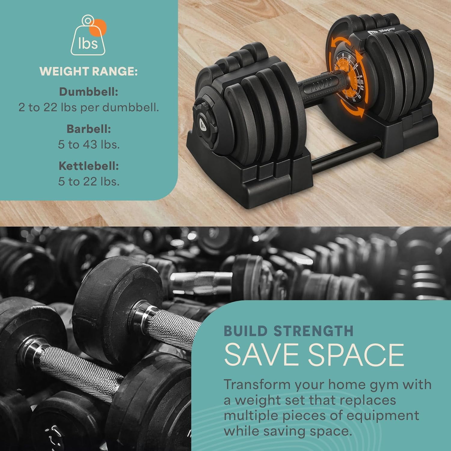 LifePro Adjustable Dumbbells Set with Quick Dial Weight System 2–43 lb Adjustable Dumbbells, Kettlebell & Barbell Combo for Home Gym Strength Training