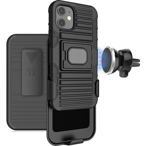 Nakedcellphone Black Rugged Case Cover [with Finger Grip Stand]   [Belt Clip Holster]   [Magnetic Car Mount] for Apple iPhone 12 Mini (5.4")