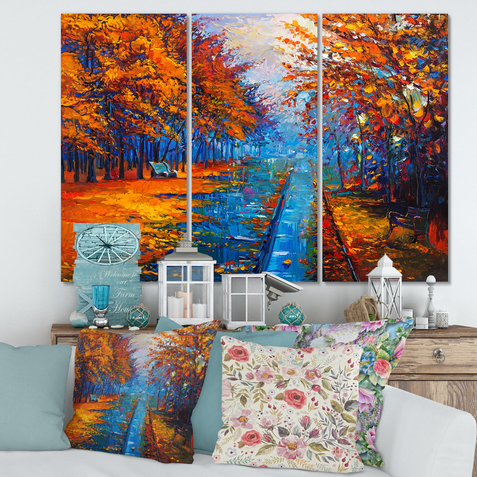 Designart ' Orange Autumn Landscape With Little Road II ' Traditional Canvas Wall Art Print