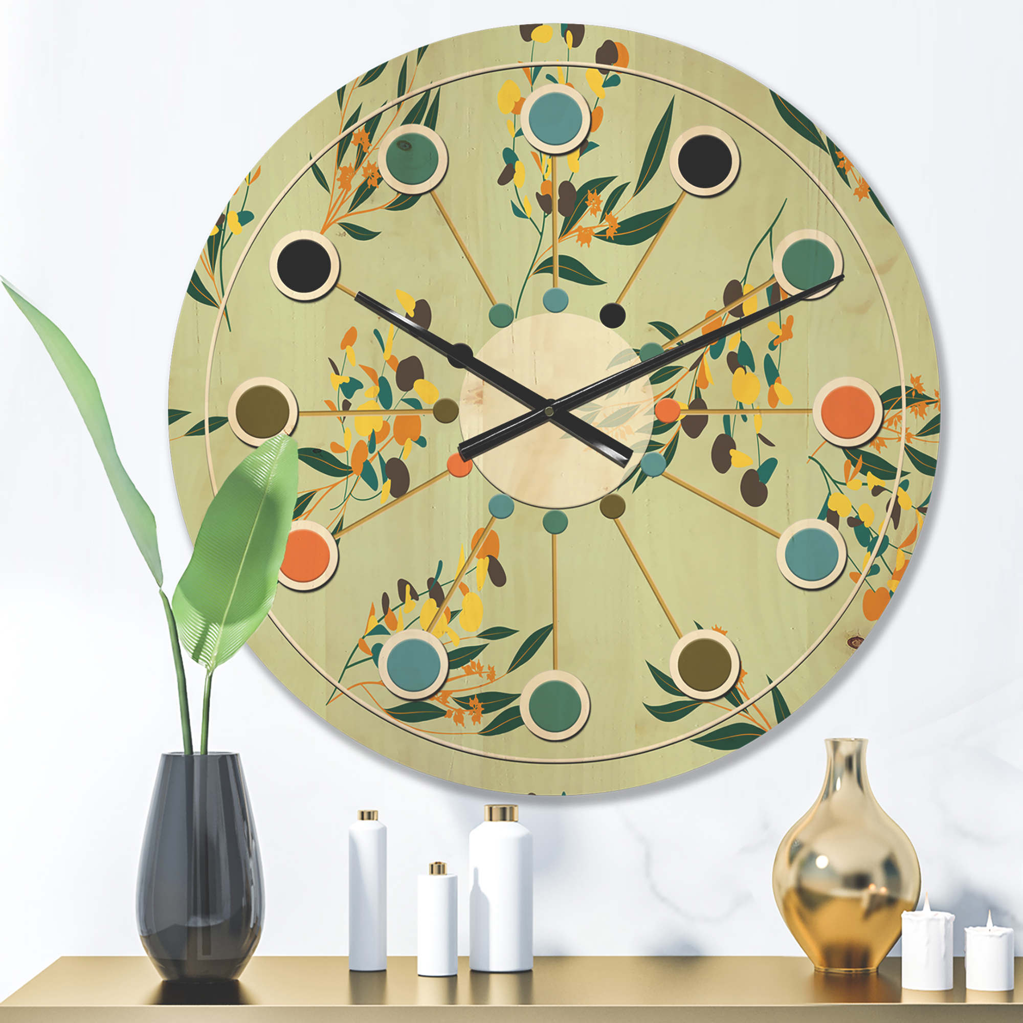 Designart 'Bright Eucalyptus Floral Retro Pattern III' Mid-Century Modern Wood Wall Clock