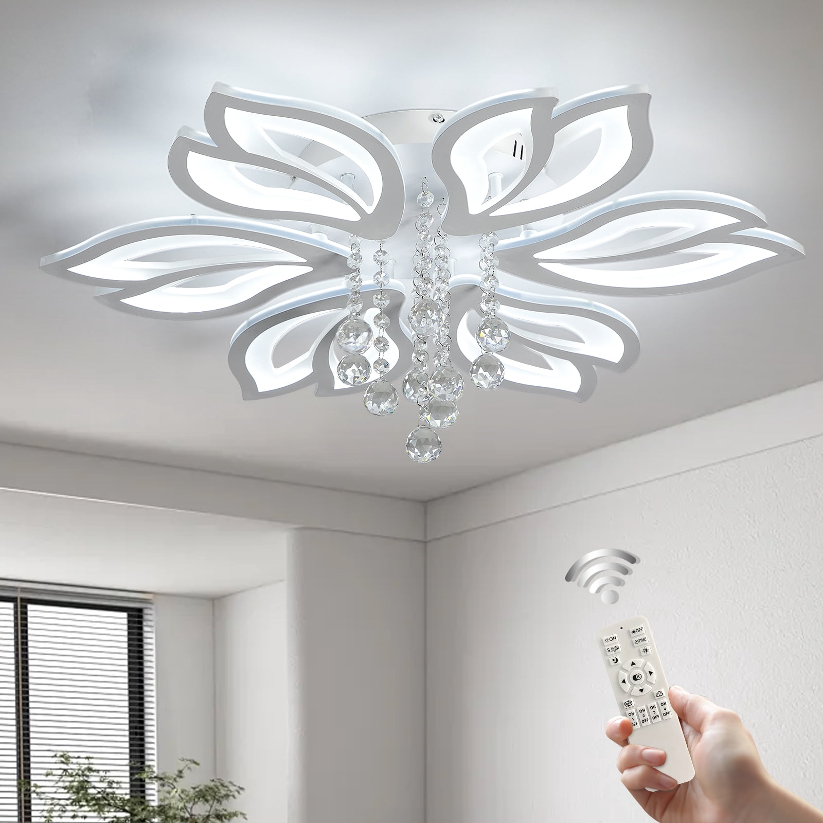 Garwarm Dimmable Modern Ceiling Light, 56W LED Flower Ceiling Lamp, White Acrylic Flower Light Fixture, 6-Head Flush Mount Chandelier Ceiling with Remote, Ideal for Bedroom Kitchen Dining Room