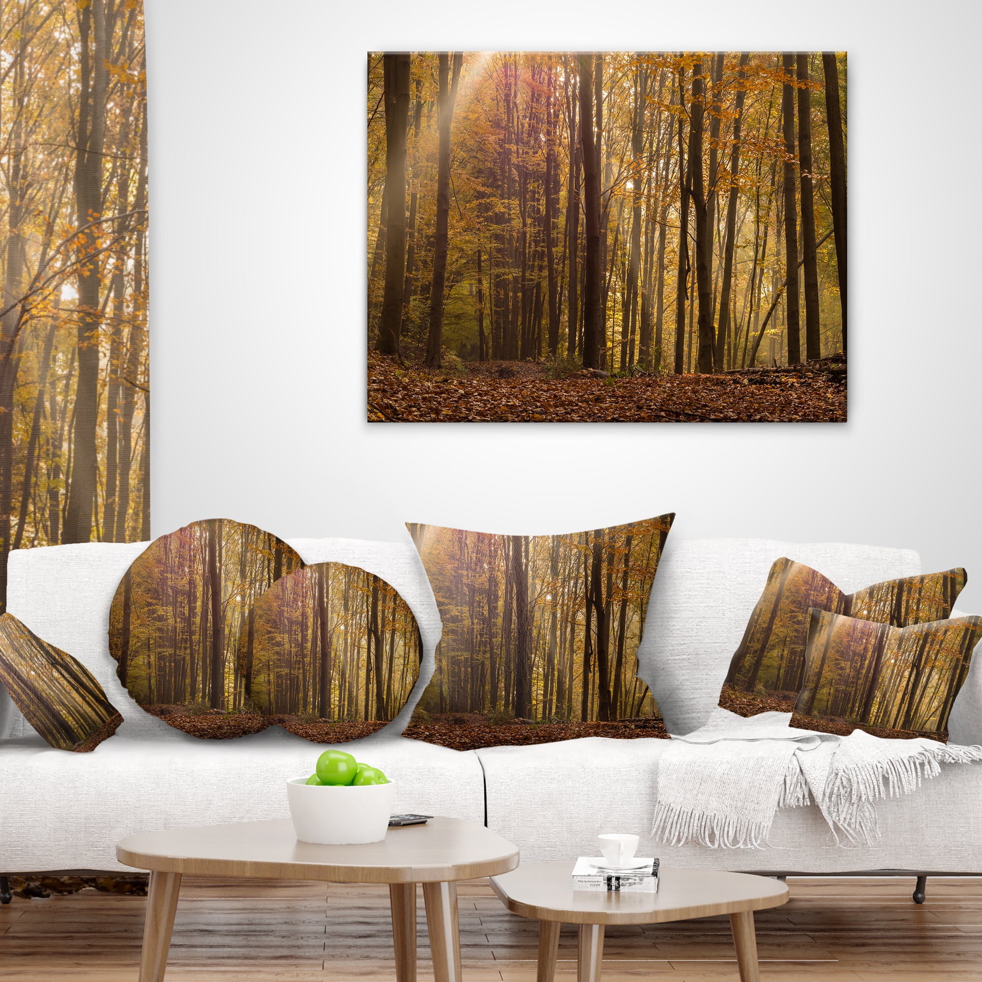 Designart Dense Forest in Rays of Rising Sun - Forest Throw Pillow - 16x16