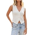 thumbnail image 3 of Women's Solid Color V Neck Three Button Knit Sweater Vest, Cropped Sleeveless Casual Top, Lightweight for Summer Going Out Outfits, Soft and Breathable White S, 3 of 10