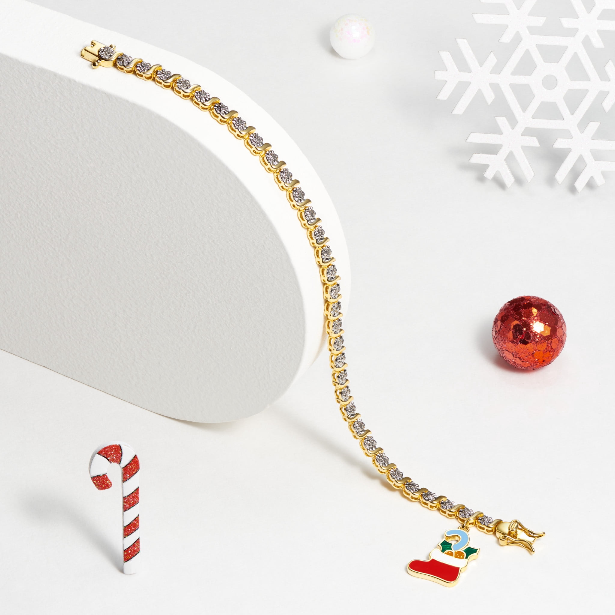 Fine Silver Plated Diamond Accent "S" Link Gold Tone Tennis Bracelet With Enamel Holiday Christmas Stocking Charm 7.25"