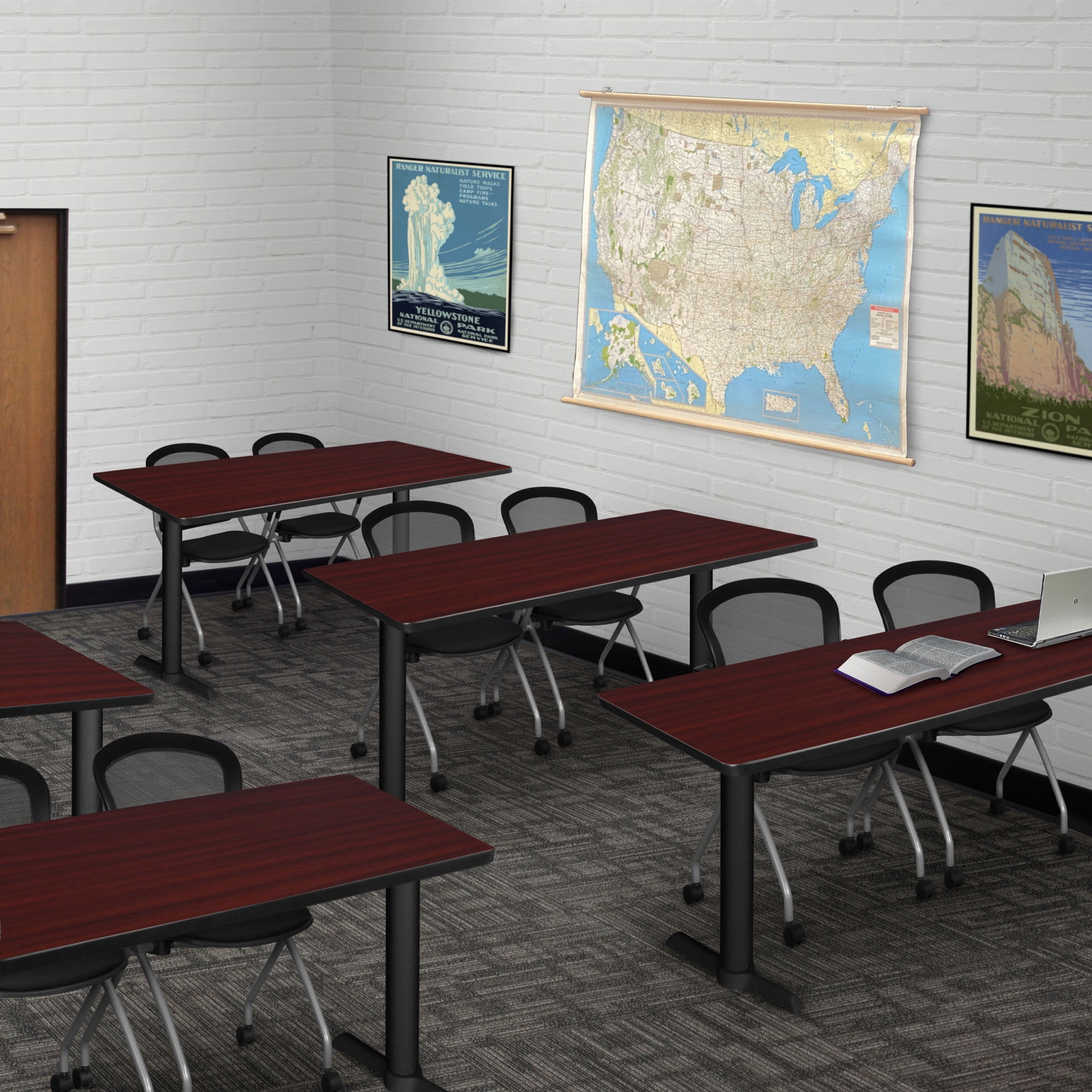 Regency Cain 60 x 24 in. T-Base Training Seminar Table- Mahogany & 2 Cadence Nesting Chairs