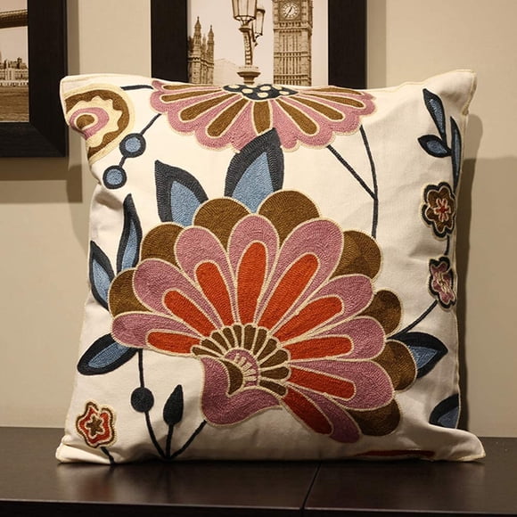 Decorative Embroidered Boho Pillow Cover - Handmade Cotton Cover for Bohemian Throw Pillows with Beautiful Modern Floral Patterns and Invisible Zipper - Square 18x18 Pillow Cover