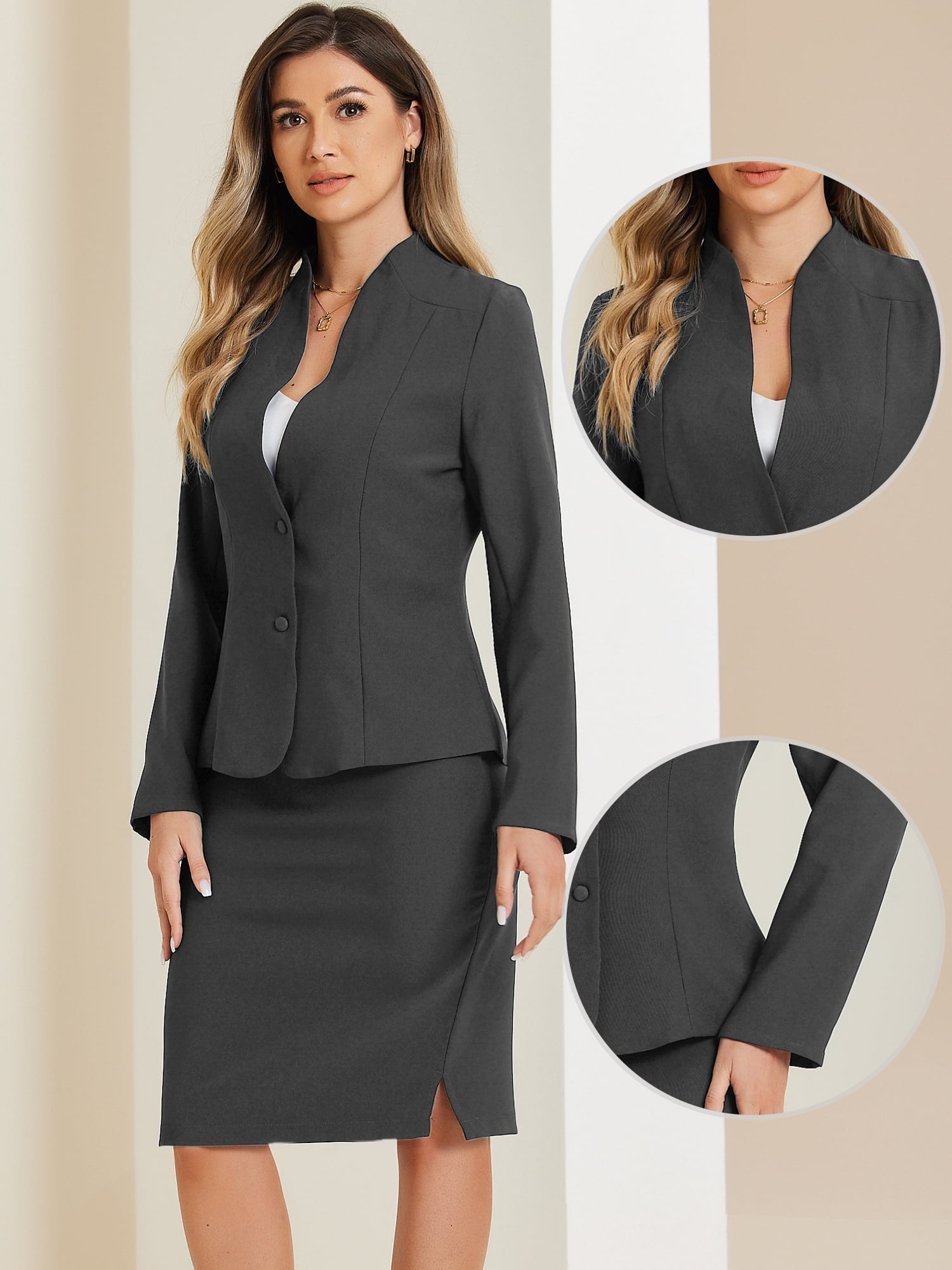 DARING DIVA Women's 2-Piece Business Blazer Pencil Skirt Suit Set M Dark Grey