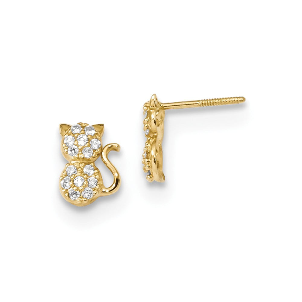 14K Yellow Gold CZ Cubic Zirconia Cat Stud Earrings With Screw Back 