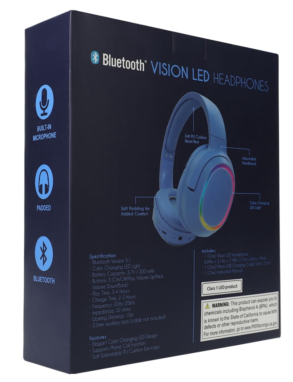 Vision LED Headphone with USB Charging Cable, Instruction Manual, Blue, New, 1 Count, 1 Pack