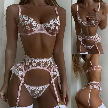 

Knosfe Women s Sleepwear Lace Babydoll Bra and Panty Set with Garter Floral Sexy Lingerie Set