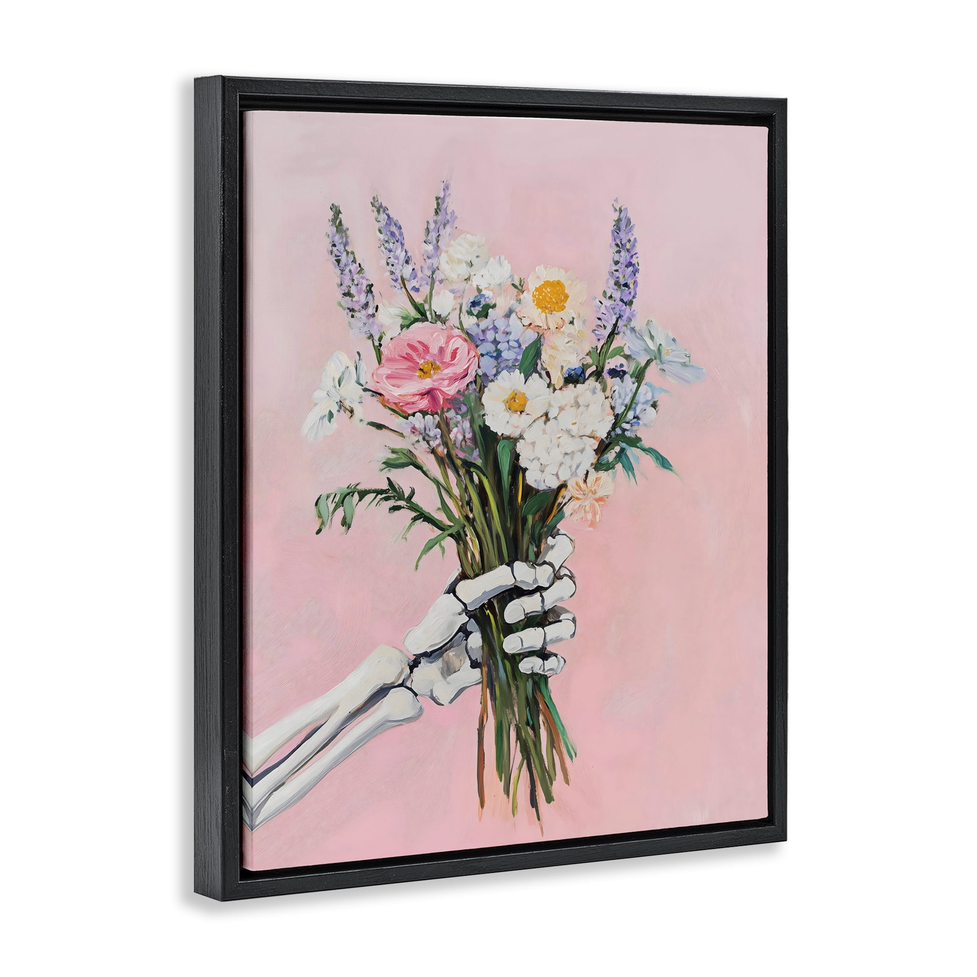 Stupell Industries Skeleton Hand Holding Flowers Black Framed Floater Canvas Wall Art, design by The Prints Vibe