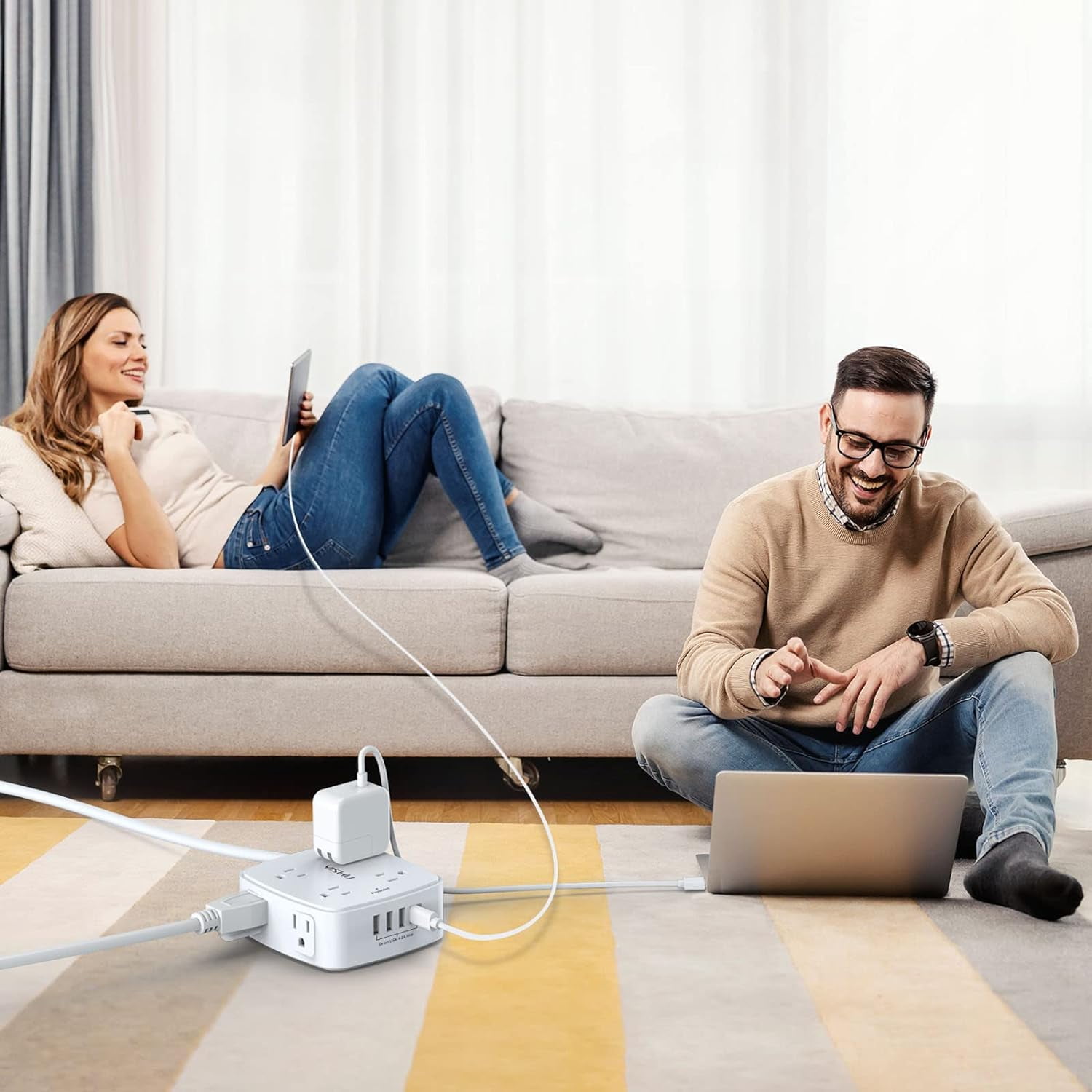 10 Ft Surge Protector Power Strip - General 3 Side Outlet Extender with 8 Widely AC Outlets and 4 USB Ports, 10 Feet Extension Cord with Flat Plug, Wall Mount Desk USB Charging Station, ETL,White