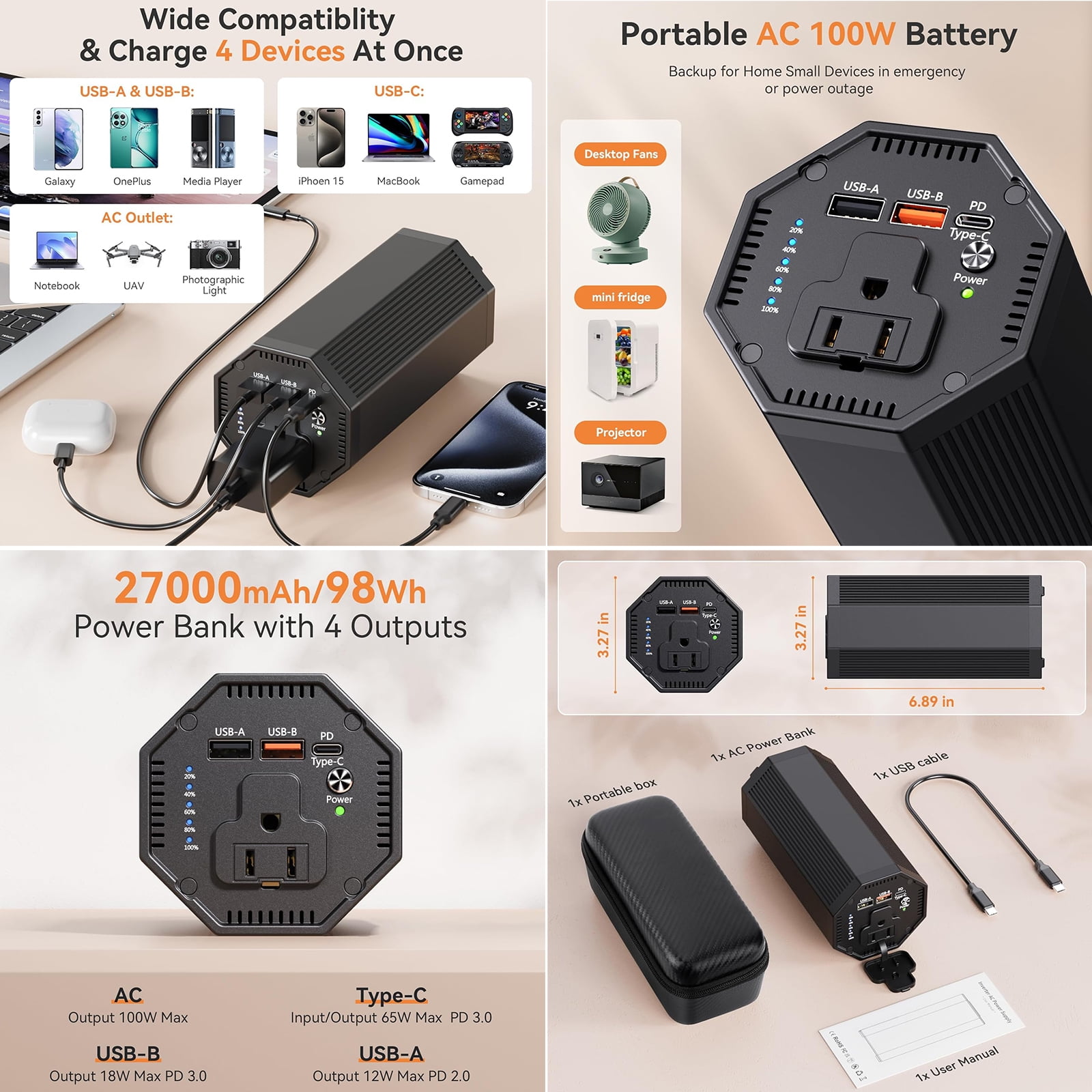 MASALUO P8-2 100W Portable Power Bank with AC Outlet - 98Wh/27000mAh Laptop Power Bank, 65W PD USB-C, Portable Charger for Laptop, MacBook, HP, Camping, Travel, Hunting and Outdoor Use