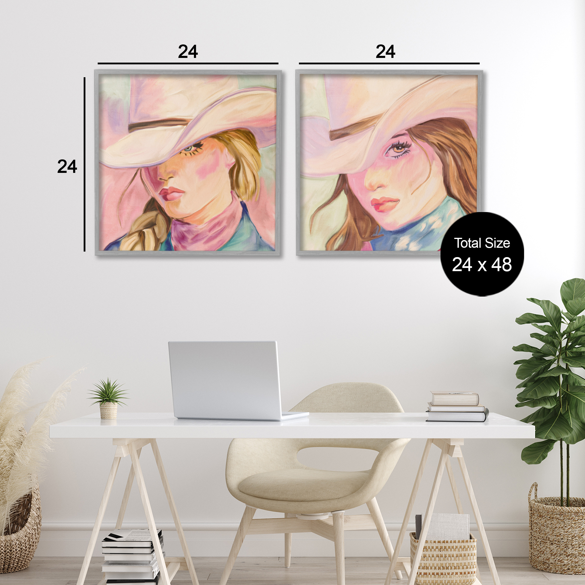 Pastel Cowgirls Gazing 2 Piece Gray Framed Giclee Art Set, design by Kim Allen