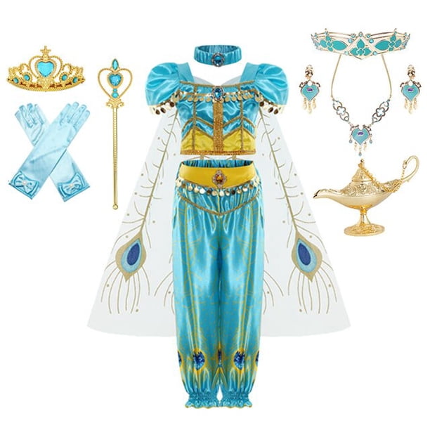 Vestido de jazmín para niñas, disfraz de princesa Aladino, disfraz de fiesta de cumpleaños para niños, Top + pantalón + diadema, conjunto de Vestidos, ropa 9-10T (etiqueta 150) Gao Jinjia LED