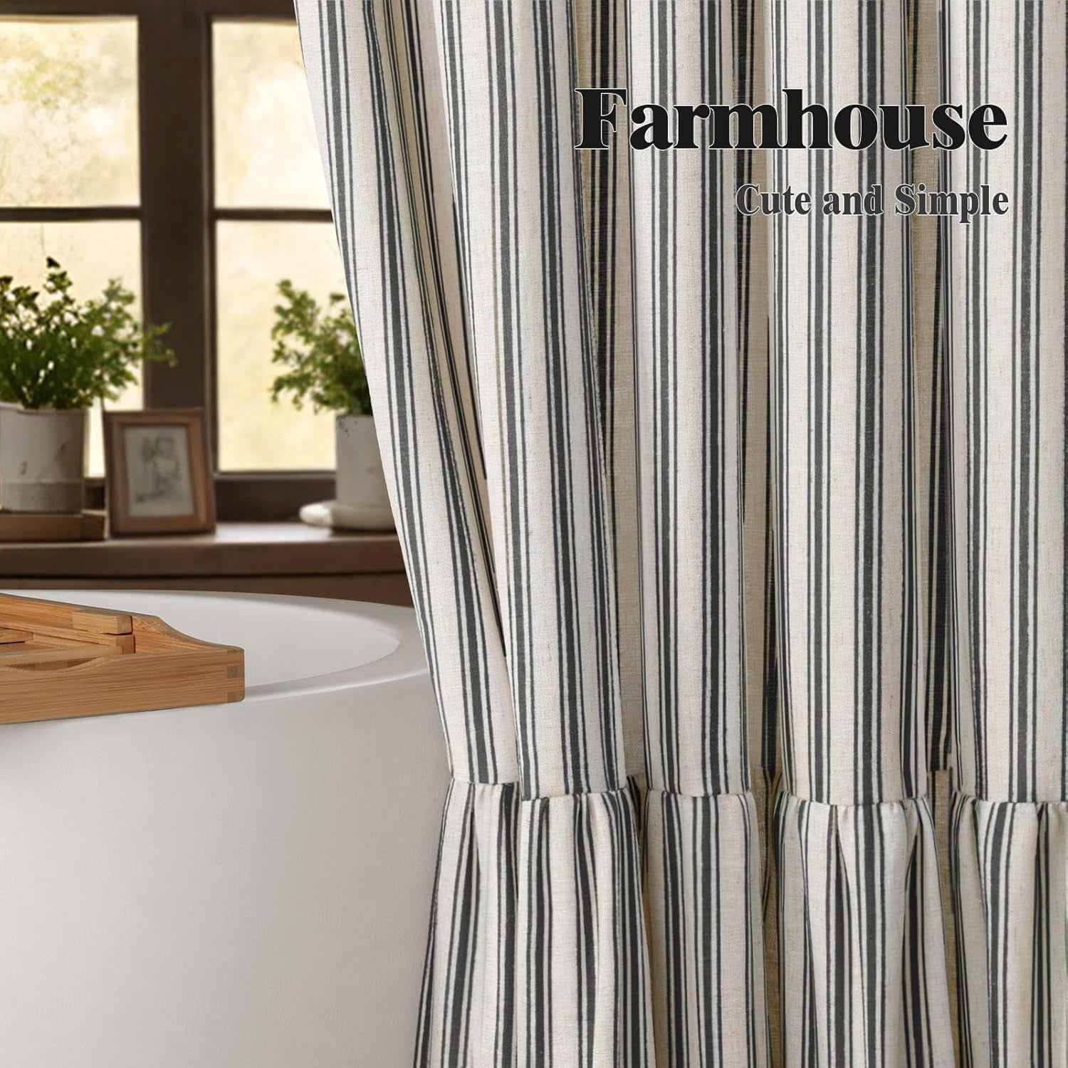 Shower Curtain with Ruffle Hem Linen Shower Curtains for Bathroom Country Vintage Rustic Natural Fabric, Cream-Black Stripe 72" W x 72" L