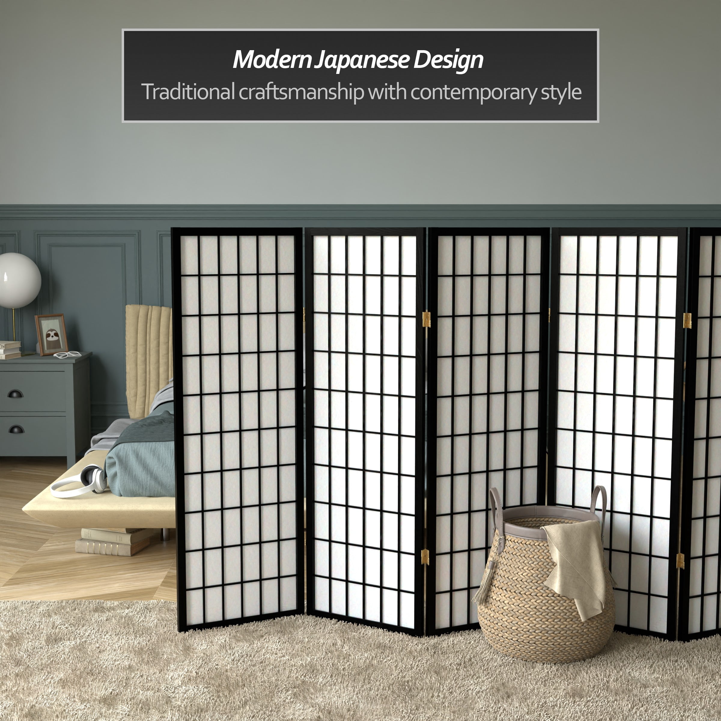 4 ft. Tall Window Pane Shoji Screen - Black - 6 Panels