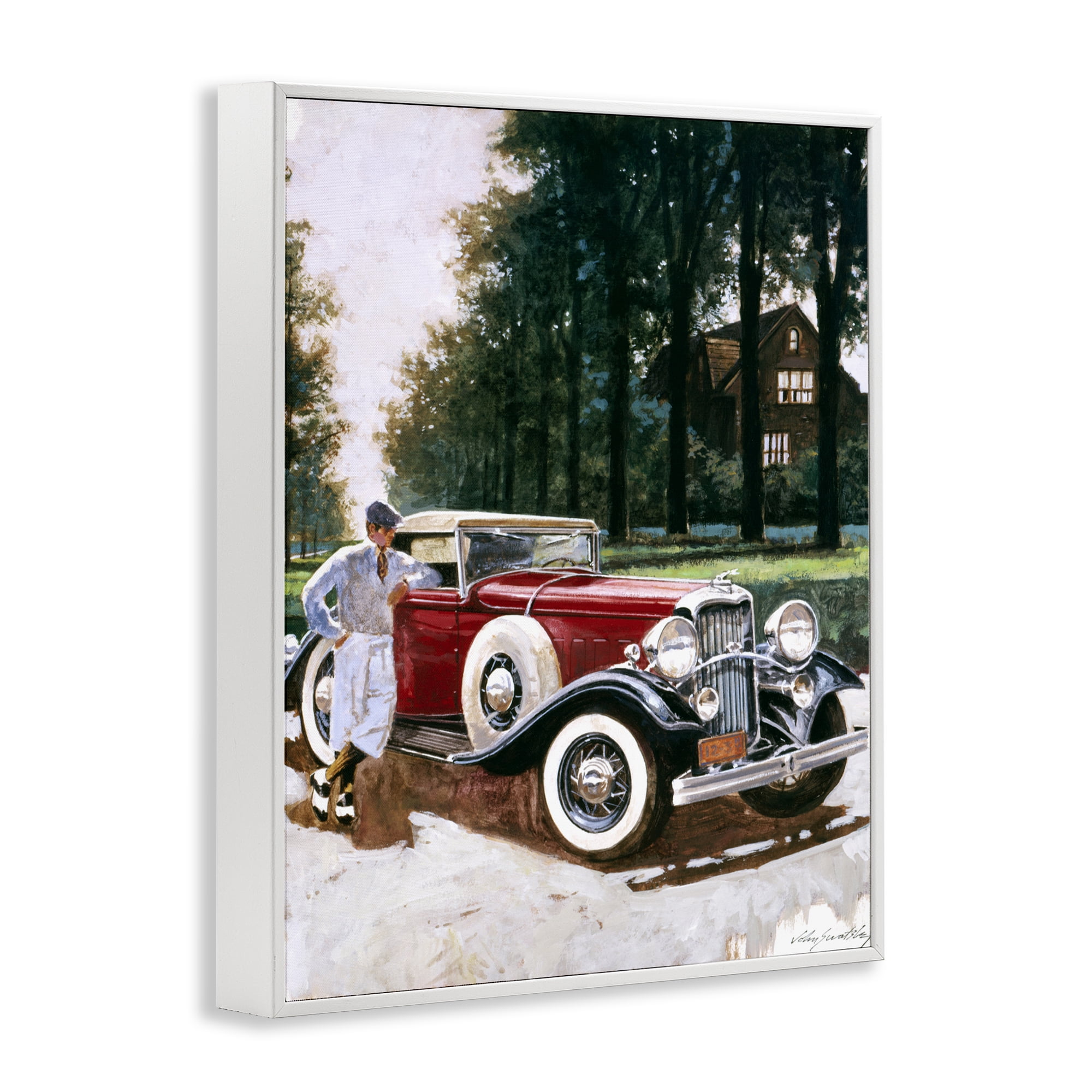 Retro Convertible Coupe & Driver White Framed Giclee Art, design by Wind River Studios
