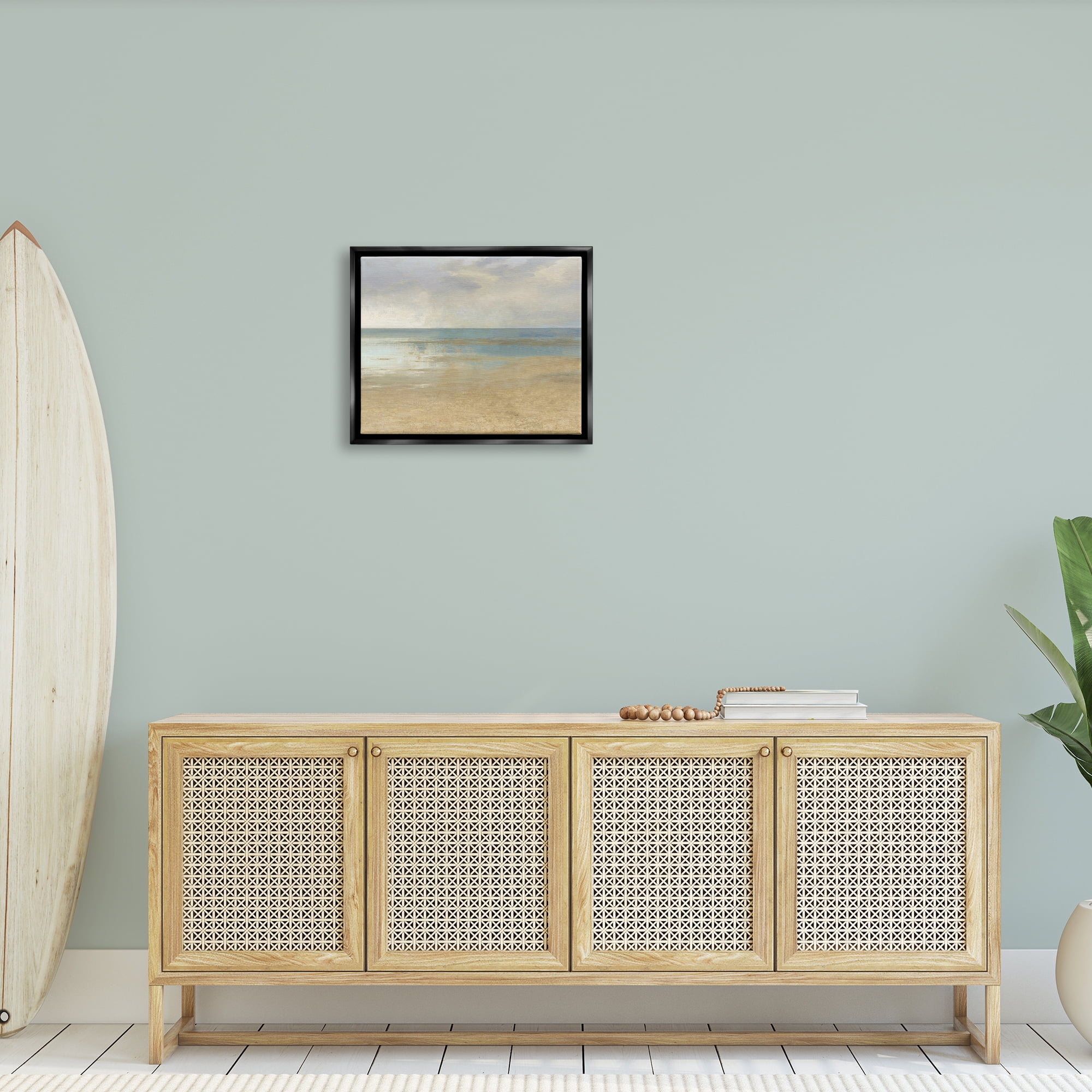 Stupell Coastal Sandy Sunlit Beach Landscape Painting Black Floater Framed Art Print Wall Art