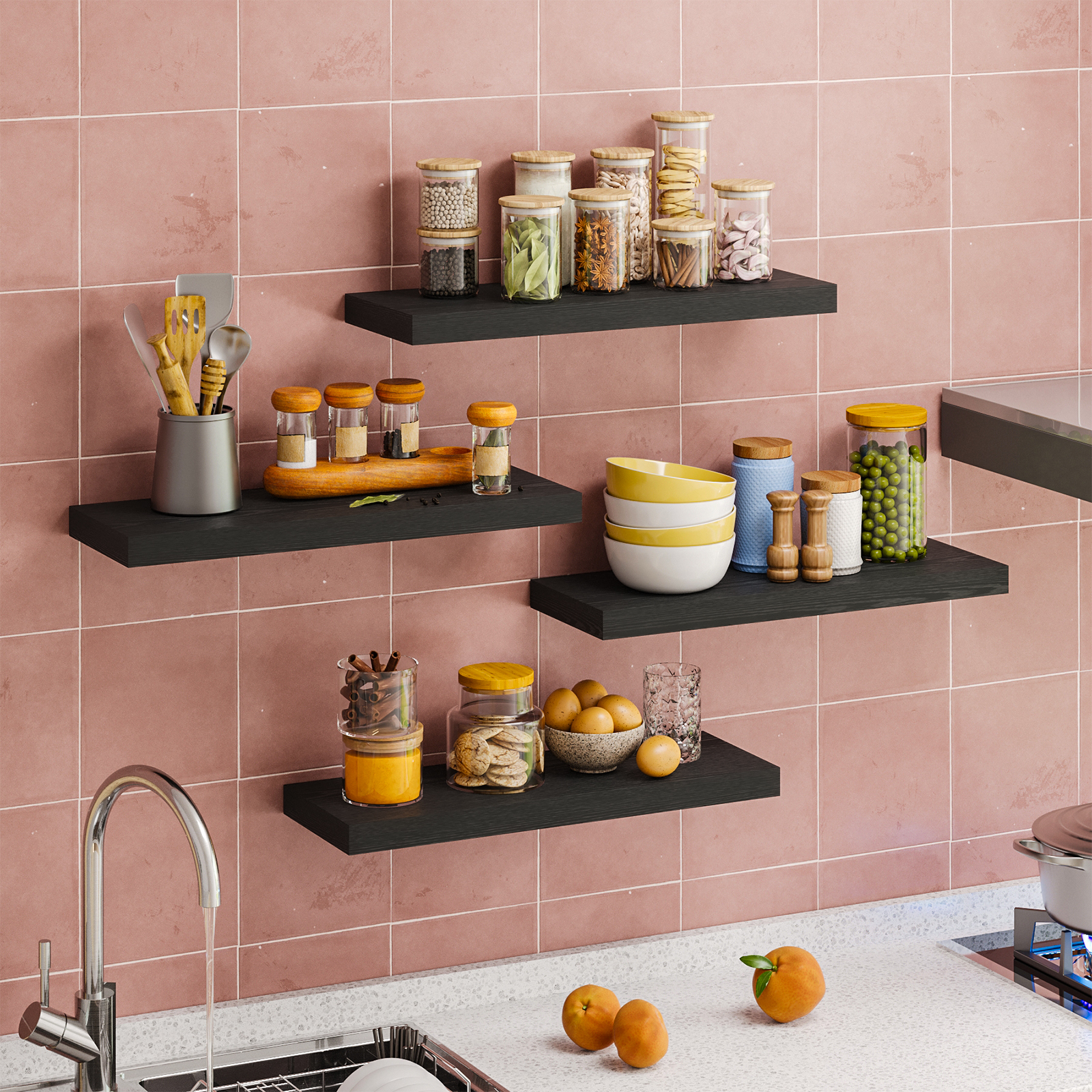 Tomnk 15.8" Floating Wall Shelves, Black Wall Shelf Set of 4, Modern Decorative Shelves with Hidden Brackets for Bedroom, Bathroom, Living Room