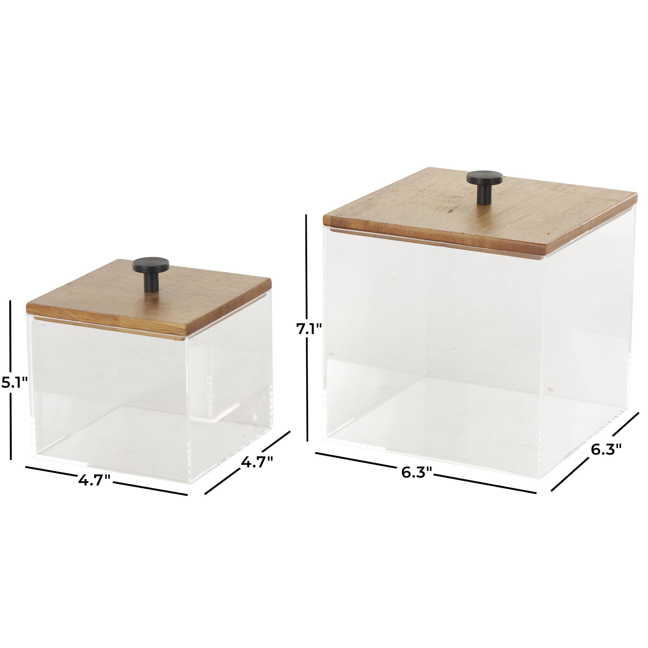 DecMode Clear Acrylic Plastic Decorative Box with Brown Wooden Lids and Black Knobs, 2 Count