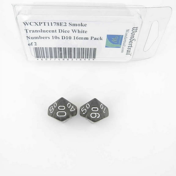 Smoke Translucent Dice with White Numbers 10s D10 Aprox 16mm (5/8in) Pack of 2 Wondertrail