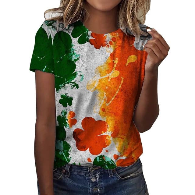QIPOPIQ T-Shirts à Manches Courtes pour Femmes Col Rond T-Shirts de la Saint-Patrick Hauts T-Shirt Shamrock T-Shirt Vert Tunique T-Shirts de la Saint-Patrick Imprimés T-Shirts de Vacances Col Rond pour Dames T-Shirts Graphiques Offres