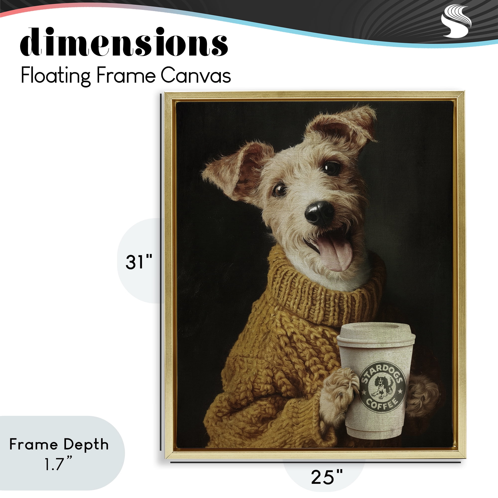 Stupell Industries Latte Lover Dog in Sweater Gold Framed Floater Canvas Wall Art, design by Svetlana Aleynikova