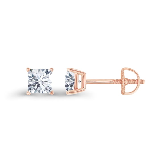 Decadence Rose Gold Plated 925 Sterling Silver 4mm Square Princess Cut Created White Sapphire April Birthstone Screwback Stud Earrings