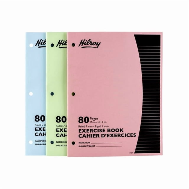 Hilroy Exercise Books, 3 pack, 7mm ruled paper with margin, Composition Books 10-7/8" X 8-3/8", Ruled, 80 Pages, Assorted Colours, 3 Books, 80 Pages Each