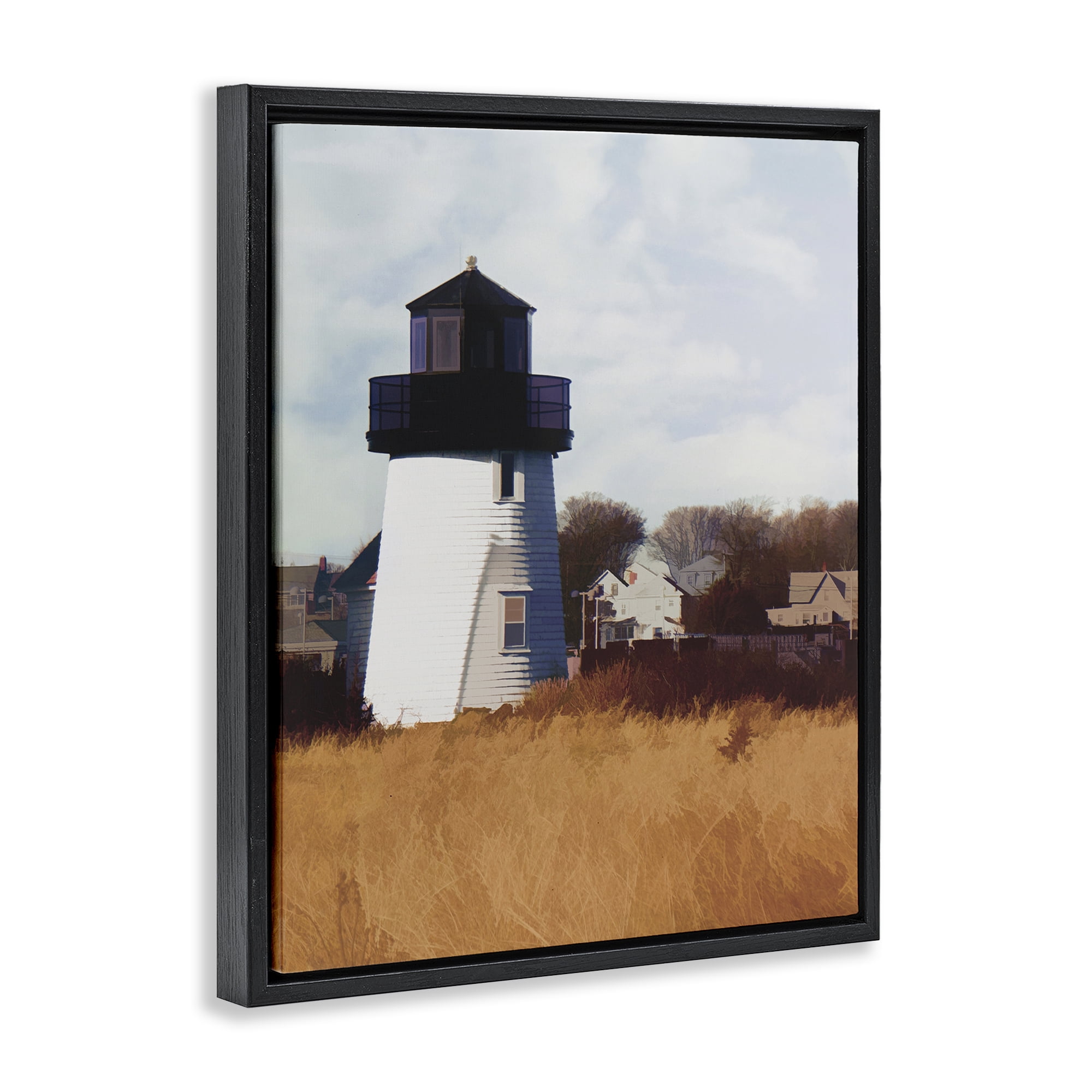 Stupell Industries Hyannis Lighthouse Landscape Landscape & Nature Painting Black Floater Framed Canvas Art Print Wall Art, 17 x 21