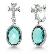 Gem Stone King 925 Sterling Silver Green Nano Paraiba Dangle Cross Earrings for Women (6.00 Cttw, Oval Checkerboard 14X10MM)