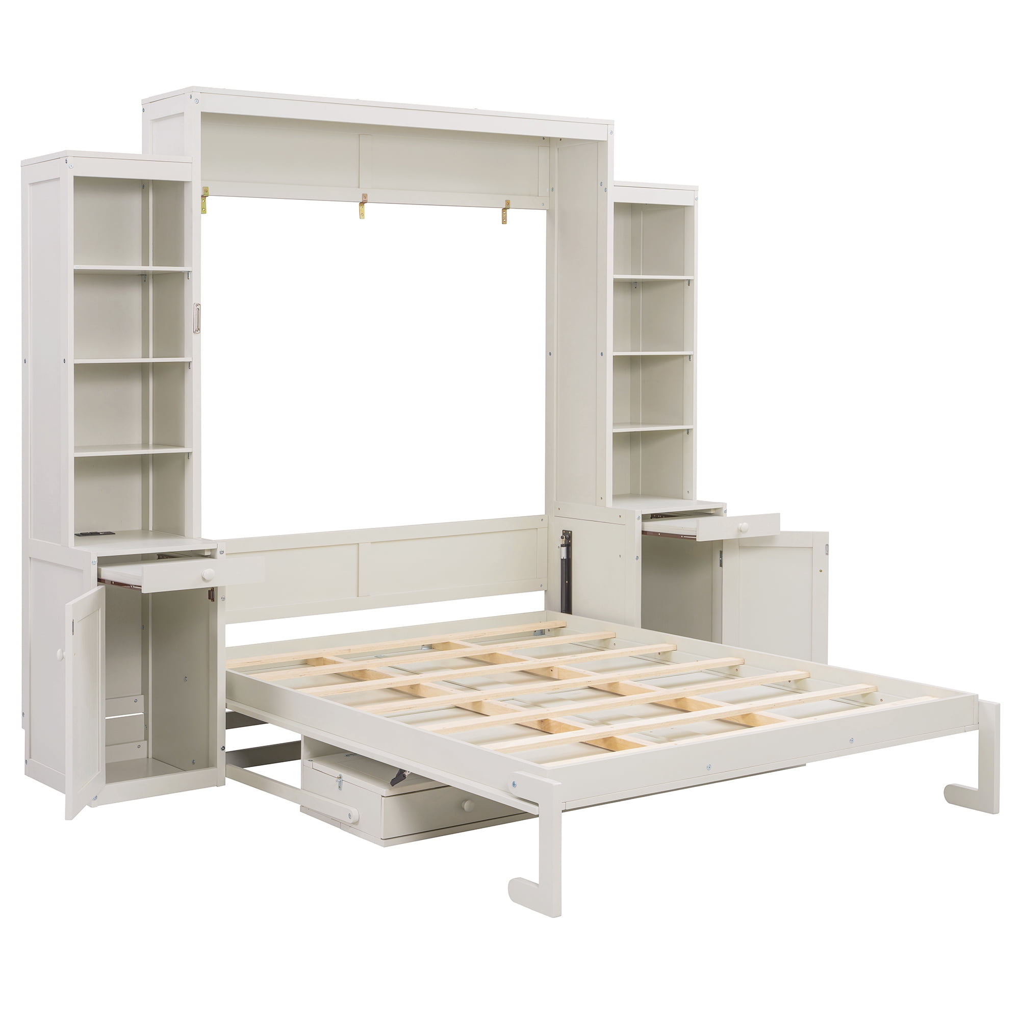 Mintazer Queen Murphy Bed with Desk, Charge Station, Drawers and Storage Shelves, Convertible Wood Wall Platform Bed with Cabinets for Bedroom, White