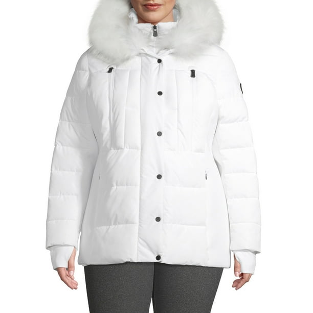 Short Puffer Coat With Faux Fur Hood, White Puffer Coat Fur Hood