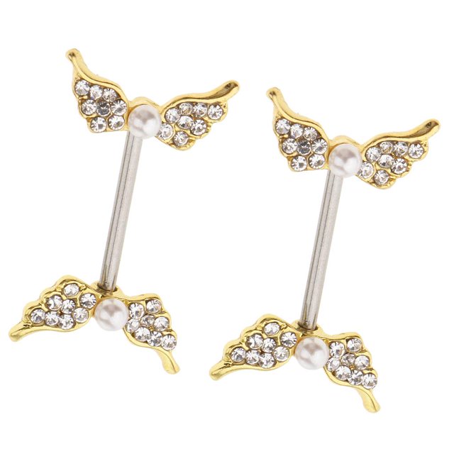 1 Par Barra de Pezón de Perforación de Acero Inoxidable en Diseño Simétricas de Ángel de de Imitación y Perlas Articiosas Oro Zulema Anillo de pezón de acero inoxidable